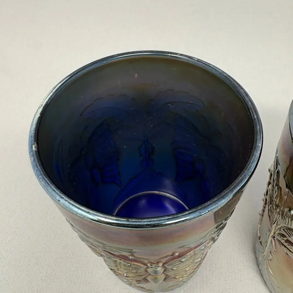 Pair of Antique Fenton Blue Carnival Glass Butterfly & Fern Tumblers Ground Base